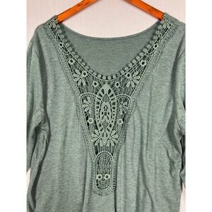 Crochet Lace V-Neck Long Sleeve Top Women XXL Green Boho Romantic Casual
